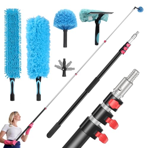 Ceiling Fan Duster Kit with 12 FT Telescoping Pole – 6-Piece Set – Screw-On Cobweb Duster & Squeegee Heads – Washable Bendable – 3/4" Universal Fit – House Cleaning Kit, Blue - size: 12ft+5PC-kit1