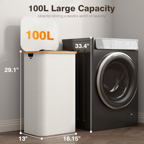 Bathola Laundry Hamper with Lid, Laundry Basket with Removable Bag, Beige - color: Beige, size: 100L