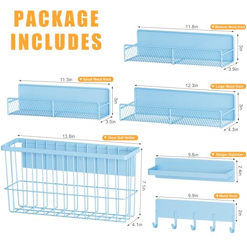 DTUQYX 6-Pack Magnetic Shelves for Washing Machine & Refrigerator, Heavy-Duty Laundry Organizer with Hanger Holder & Deep Baskets, Metal Storage System for Laundry Room (Blue) - color: Blue, size: Large 6-Pack (11.3"-13.8")