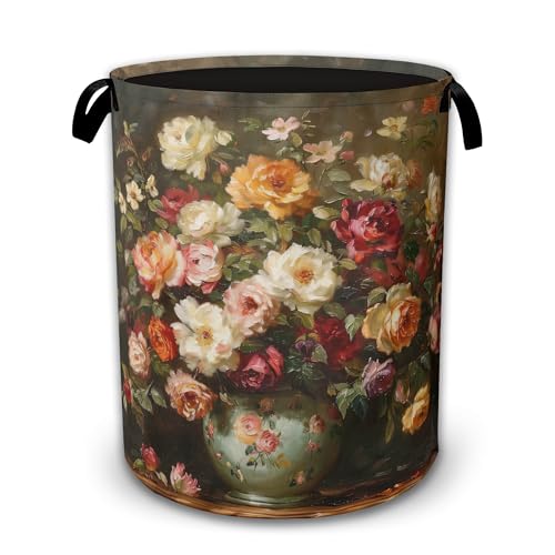 Vintage Oil Floral Laundry Basket Collapsible with Handles,Colorful Waterproof Oxford Cloth Hamper,16 x 20.8 Inch Storage Organizer for Bathroom Bedroom Dorm - color: Vintage Oil Floral, Colorful