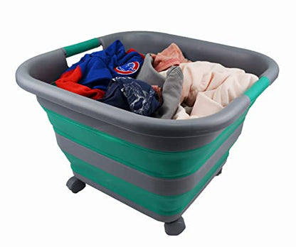 SAMMART Collapsible Plastic Laundry Basket with Wheels 39L (10.3 Gallons) -Foldable Pop Up Storage Container for Laundry, Camping & Home (1, Dark Grey/Bluish-Green) - color: Dark Grey/Bluish-Green