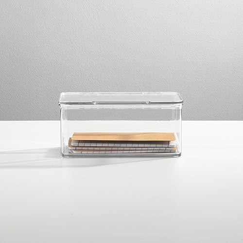 mDesign Small Plastic Home Office Storage Organizer Box Containers w/Hinged Lid for Desktops - Holds Pens, Pencils, Sticky Notes, Highlighters, Staples, Supplies - Lumiere Collection, Clear