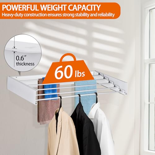 FOCHIER F Laundry Drying Rack Wall Mounted Clothes Drying Rack Collapsible with 5 Aluminum Rods and Drilling Template Long Screwdriver Bit 60 lbs Capacity (White, 40") - color: White, size: 40"