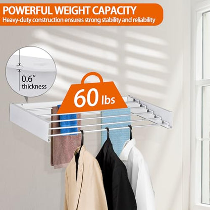 FOCHIER F Laundry Drying Rack Wall Mounted Clothes Drying Rack Collapsible with 5 Aluminum Rods and Drilling Template Long Screwdriver Bit 60 lbs Capacity (White, 40") - color: White, size: 40"