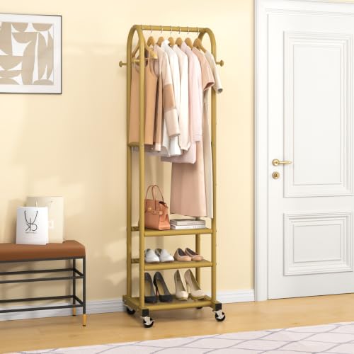 Kaitiemoo Clothing Rack, Mobile Garment Rack with Wheels & 3 Shelves, Gold - color: Gold