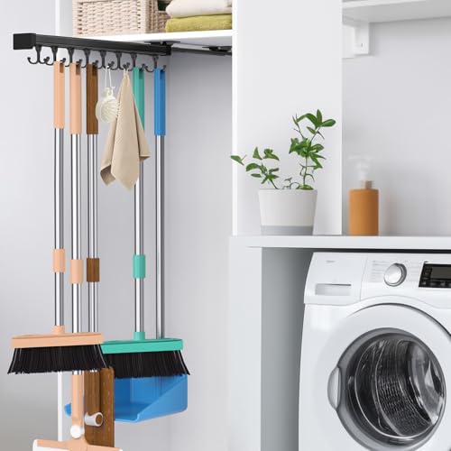 Pull Out Broom Holder With Adjustable Double Row Sliding Hook-Black 18.11in - color: Black, size: 46cm/18.11inch
