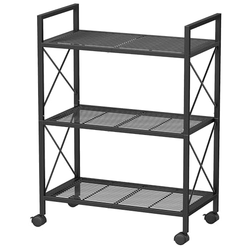 SONGMICS 3-Tier Steel Storage Rack with Wheels, Mesh Shelving Unit - color: Black, size: 3 Tiers (23.6"W)
