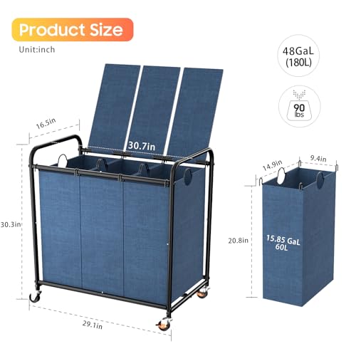 180L Laundry Sorter 3 Section, Rolling Laundry Basket with Wheels and Lid - color: Blue-3Sec, size: 47.55Gal