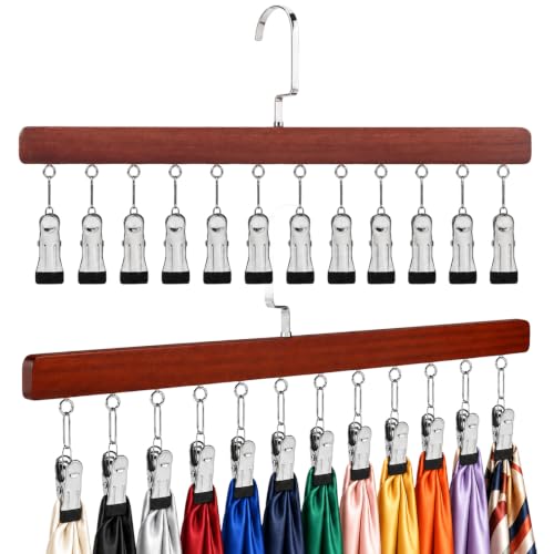 2 Pack Hanging Closet Organizer with 12 Clip, Wooden Pants and Leggings Hangers with 360° Rotating Hook, Space-Saving Vertical Rack for Jeans, Skirts, Scarves and Socks