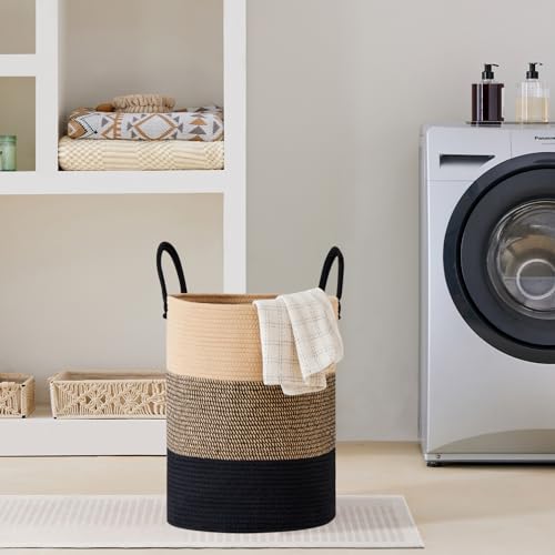 VIPOSCO 58L Tall Woven Laundry Basket Hamper, Brown Black - color: Brown & Black, size: 58L