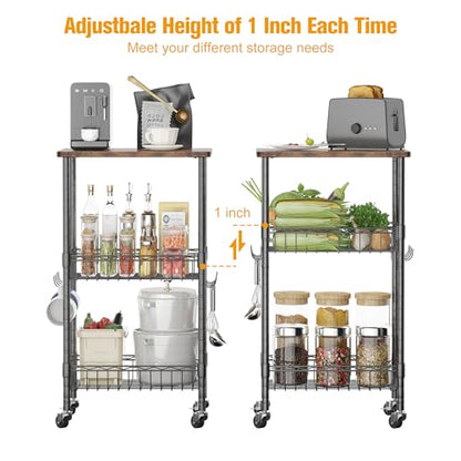 Homeiju Rolling Kitchen Storage Cart, 3-Tier Storage Rack on Caster Wheels with Adjustable 2 Baskets, Coffee Station Cart Rack Shelf Organizer for Living Room Office, Balcony, Rustic Brown/Black