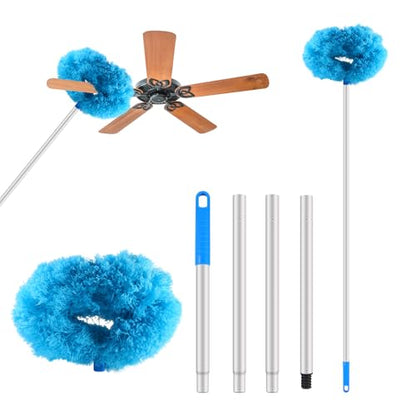 LUCKY-M Ceiling Fan Cleaner Duster, Removable Microfiber Ceiling Fan Blade Cleaner Reusable Duster with Extension Pole Adjusts 33 to 57.1 in for Cleaning Bookshelves Wall Door Window Top (Blue)