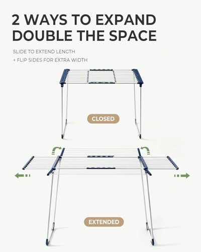 JS HANGER Extendable Clothes Drying Rack with Fold-Out Wings & Sock Clips, Expands from 41" to 67", Extra Wide Laundry Drying Rack Indoor Outdoor, Folding Rack for Clothes, Towels & Delicates - color: White-extendable & Fold Out Wings