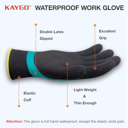 KAYGO Waterproof Work Gloves, Non-Slip Double Latex Coated, KG150 - color: Blue, size: X-Large
