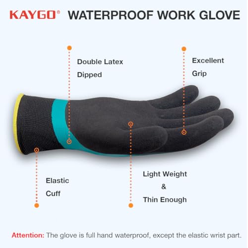 KAYGO Waterproof Work Gloves, Non-Slip Double Latex Coated, KG150 - color: Blue, size: Medium