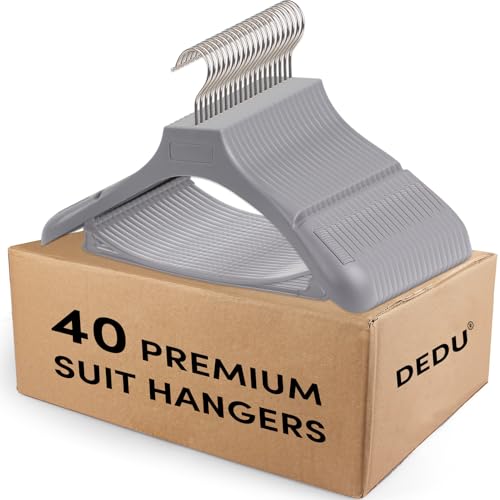 DEDU Suit Hangers for Men 40 Pack, Grey Coat Hangers Extra Wide Non Slip Width 17.7", Thick Plastic with Pants Bar & Metal Hook - color: Gray, size: 40 Pack
