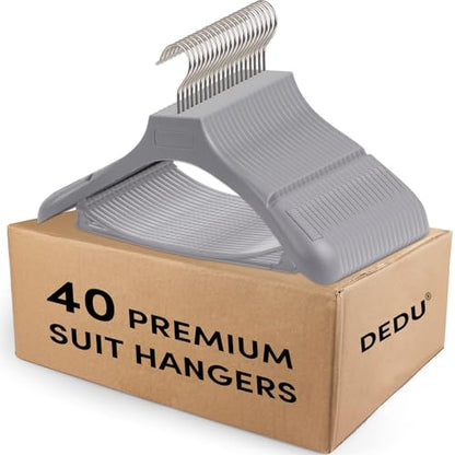 DEDU Suit Hangers for Men 40 Pack, Grey Coat Hangers Extra Wide Non Slip Width 17.7", Thick Plastic with Pants Bar & Metal Hook - color: Gray, size: 40 Pack