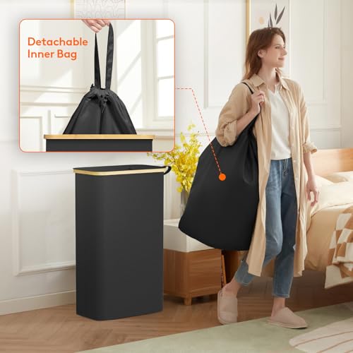 Lifewit 75L Slim Laundry Hamper with Lid and Removable Bag, Black - color: Black, size: 75L