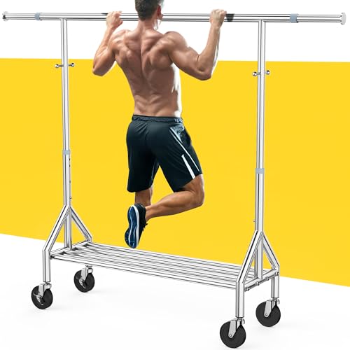 Upgraded 100% Stainless Steel Clothing Rack Load 760LBS, Heavy Duty Clothes Racks with Larger & Sturdy Wheel, Extendable & Adjustable Rolling Garment with Shelves for Hanging Portable Closet Rack - color: Chrome, style: 1 Single Rod