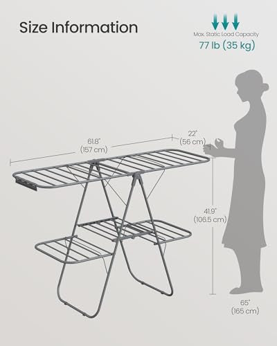SONGMICS Clothes Drying Rack, Foldable 2-Level Stee Laundry Drying Rack - color: Gray, size: 2 Tiers（22"d x 61.8"w x 64.3''h )