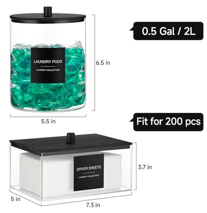 3 Pack Glass Jars and Acrylic Dryer Sheet Holder, Laundry Pods Container with Bamboo Lid and Measuring Cups for Laundry Room Organization, Powder Detergent Containers (Black) - color: Black