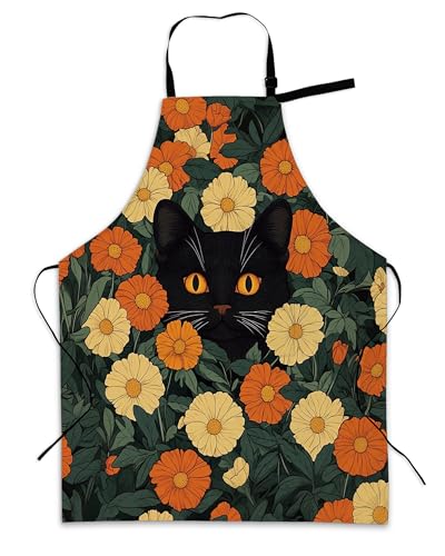 Cooking Aprons for Men and Women,Adjustable Bib Chef Apron with 2 Pockets, Soft and Durability Kitchen Apron - color: Black Cat Flowers