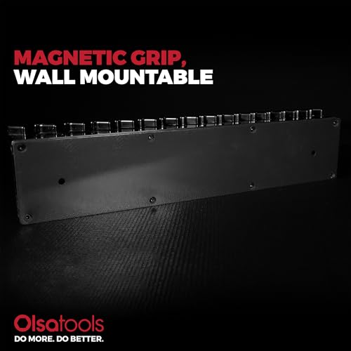 Olsa Tools Magnetic Wrench Organizer, Black - 15 Slot Wrench Holder Rack - SAE and Metric Wrench Storage Rail for Toolbox or Wall - Scratch Free Magnetic Wrench Organizer for Mechanics - Part: 1874 - color: Black