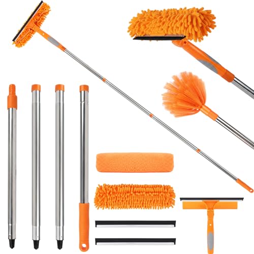 67" Window Squeegee for Window Cleaning with Extension Pole, 3-in-1 - color: Orange