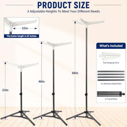 Clothes Drying Rack, Drying Rack 33-68 inches Stable and Heavy-Duty Tripod Base Thickened Stainless Steel Saving Space 27 Pieces of Clothing - color: Black