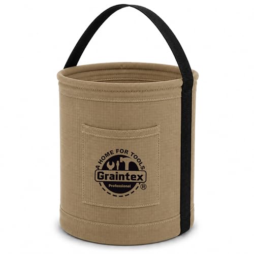 Graintex Canvas Utility Bucket 12"x15", Round Tool Bucket, Reinforced Base & Carry Handle, Ripstop Canvas, Multi-Purpose Bag for Jobsite, Gardening, Home Use, Ideal for Tool Storage Solutions - color: Khaki