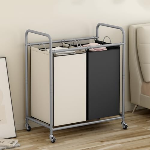 SUOERNUO Laundry Sorter Basket 2 Bag Laundry Hamper Cart with Rolling Lockable Wheels and Removable Bags Laundry Organizer Cart for Clothes Storage, Assorted - color: Assorted