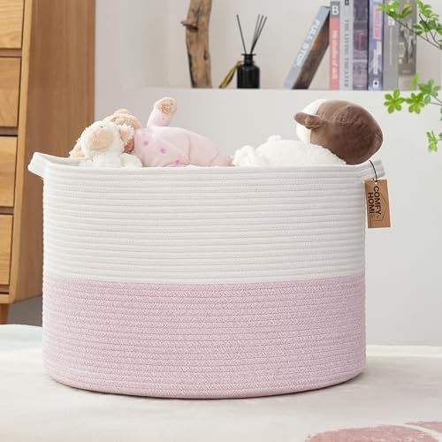 COMFY-HOMI XXXL Large Laundry Basket, Cotton Rope Nursery Woven Basket for Storage, Blanket Baskets Living Room Laundry Hamper, Dog Toy Storage Organizer, Home Decor - color: whit/pink, size: 21''x21''x13.6''