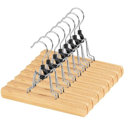 AMKUFO 20 Pack Natural Wooden Pants Hangers with Clips Non Slip Skirt Hangers Trouser Clamp Hanger Solid Wood Hanger with 360° Swivel Hook - color: Natural, size: 20 Pack