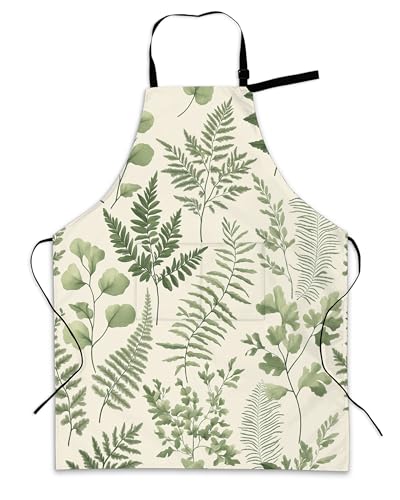 Cooking Aprons for Men and Women,Adjustable Bib Chef Apron with 2 Pockets, Soft and Durability Kitchen Apron - color: Tropical Fern Herbs Botanical Floral Leaf