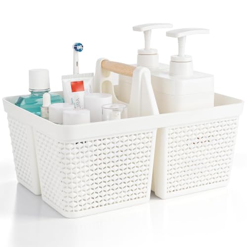 UUJOLY Portable Plastic Shower Caddy Basket with Wooden Handle, White - color: White
