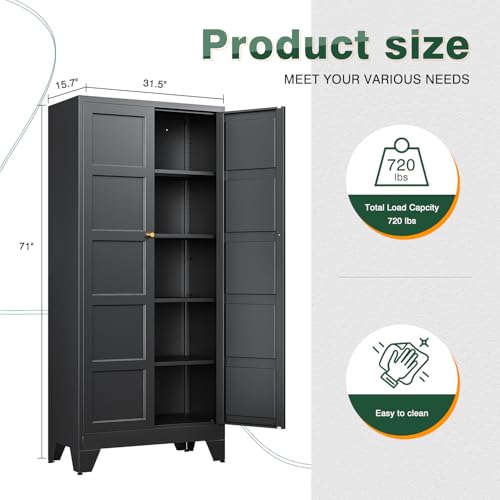 Letaya 71" H Metal Storage Cabinet with 2 Doors and 4 Shelves,Tall Kitchen Pantry Cabinets,Utility Pantry Organizers for Cupboard/Dining/Bathroom/Home Office/Garage (Black, 71" H x 16" D x 32" W) - color: Black, size: 16"D x 32"W x71"H-C