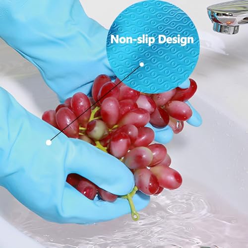 KINGFINGER 3 Pairs Reuseable Rubber Cleaning Gloves, Dishwashing Glove with Flocked Liner, Long Cuff, Non-Slip Cleaning Glove Latex Free,for Household, Kitchen, (L,Blue,Purple,Green)