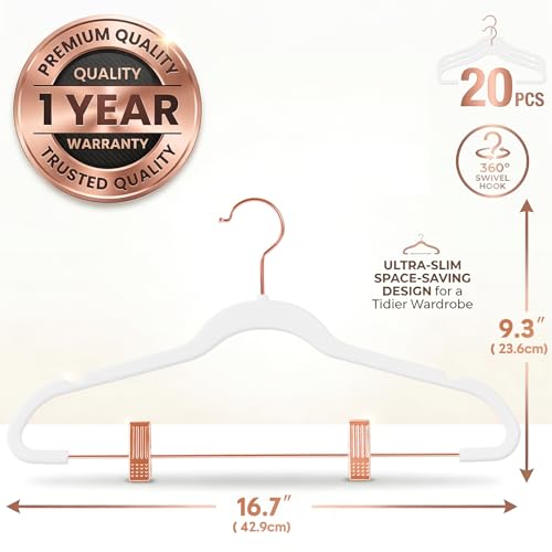 MIZGI Premium Velvet Pants Hangers with Clips (Pack of 20) Slim Skirt Hangers- Non Slip Felt Outfit Dress Hangers White - Copper/Rose Gold Hooks,Space Saving Shirt Clothes Hangers - color: White/Rosegold, size: 20-Pack