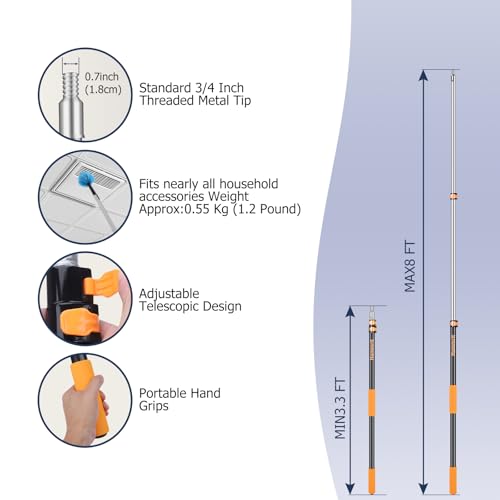 3.3-8 FT Telescopic Extension Pole Aluminum Paint Roller & Cleaning Pole - size: 8 Ft Orange