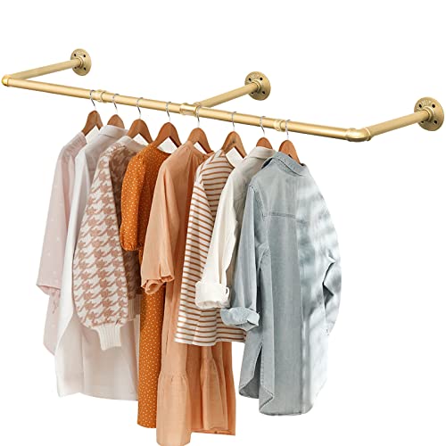 Wall Industrial Pipe Clothes Racks, DIY Floating Hanger Rustic Home Pipe Decor, Mounted Closet Storage Organizer Holder Systems, Heavy Duty Garment Rod Pole For Cloakrooms Bathroom Black Iron - size: Gold 72" x1 pcs(3Base)