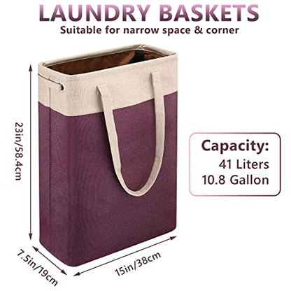 Laundry Basket with Handles Beige&Burgundy Slim Laundry Bin Collapsible Dirty Clothes Basket Narrow Laundry Bag Foldable Dirty Hamper for Camping, Dorms, Apartments - color: Beige&Burgundy