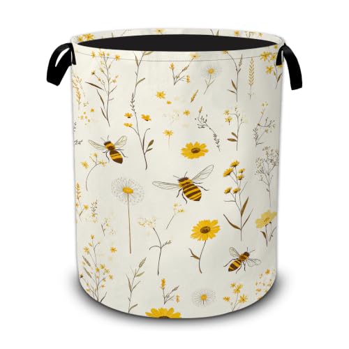 Bee Flower Laundry Basket,Boho Foldable Oxford Laundry Hamper with Handles, Collapsible Clothes Storage Basket for Bedroom, Bathroom, or Laundry Room, 20.8 x 16 Inches - color: Bee Flower Boho