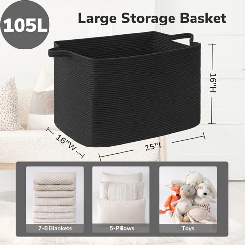 Goodpick 105L Extra Large Woven Rope Blanket Basket, Rectangle, Black - color: Black, size: XX-Large(25"L x 16"W x 16"H)