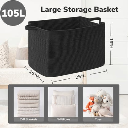 Goodpick 105L Extra Large Woven Rope Blanket Basket, Rectangle, Black - color: Black, size: XX-Large(25"L x 16"W x 16"H)