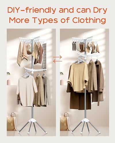 CASAMAYA Clothes Drying Rack Foldable, 72 inch 2 Tier Laundry Drying Rack with Rotating Clothes Rail for 27 Pieces of Clothes, Adjustable, 24 Clips, Space Saving, White and Silver CDR012W01 - color: White + Silver, size: 2-Tier Clip