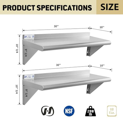 Hally Stainless Steel Shelf 2 Pack Wall Mounted Metal Shelves 10"x30" NSF - size: 10"x30"