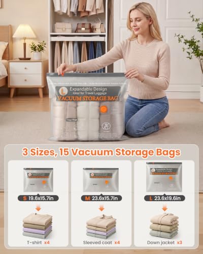 Vacuum Bags for Clothing Travel with Rechargeable Electric Pump, 15 Pack Compression Vacuum Storage Bags for Luggage and Seasonal Storage, Space Saver Seal Bags for Cruise and Vacation - size: 15 Pack Travel Size