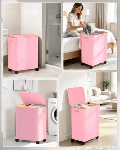 Double Laundry Basket with Wheels and Lid, 150L Clothes Hampers for Laundry - color: Pink, size: 150L