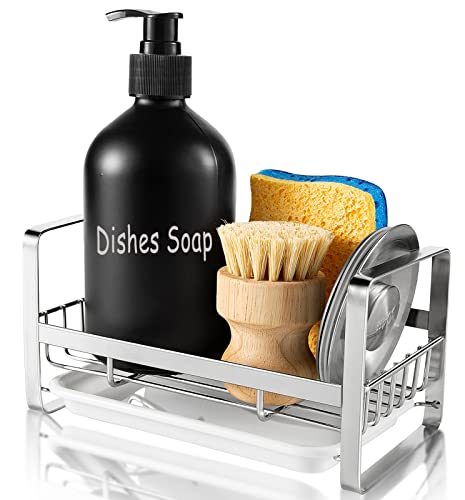 TEZZ Sponge Holder for Kitchen Sink, Stainless Steel Kitchen Storage Sink Caddy for Organizing Sponge, Brush & Dish Soap Dispenser, Sink Organizer Rack with Adhesive or Counter top, Silver - color: Silver, size: Sponge Holder