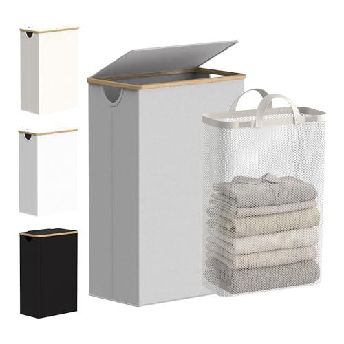 efluky Slim Laundry Basket with Lid, Narrow Laundry Hamper with Removable Bag, Skinny Dirty Clothes Basket with Bamboo Handles for Bathroom, Bedroom & Laundry Room, 75L Light Grey - color: Light Grey, size: 75L